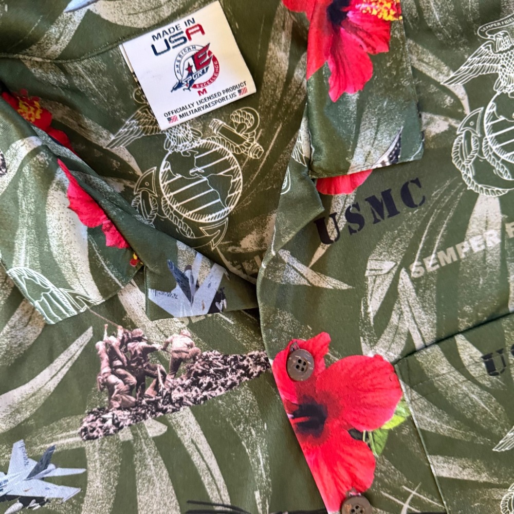American Sport Excellence USMC Shirt Mens M Green Semper Fidelis Aloha Hawaiian